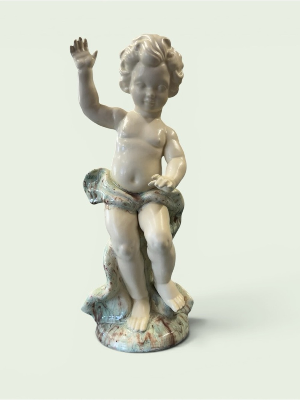 Vintage Cream Ceramic Cherub Figurine with Pale Aqua Drapery
16” x 6”